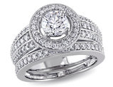 Diamond Halo Engagement Ring and Wedding Band Set 1.50 Carat (ctw) in 14K White Gold